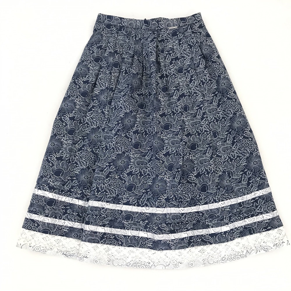 Vintage Geiger Austria VTG 36‎ Dark Blue White Ivory Floral Lace Tiered Detail